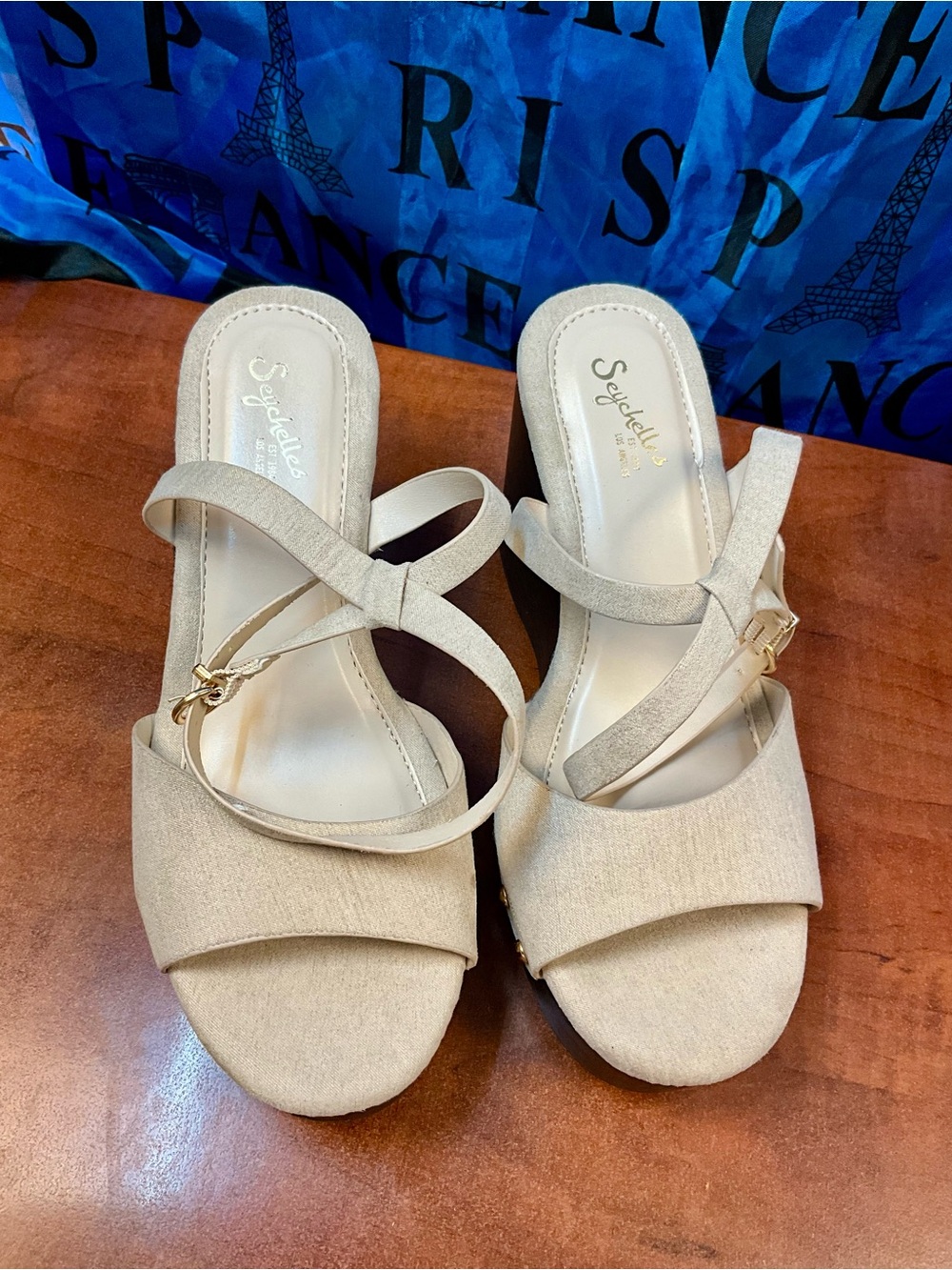 Seychelles Cream Strappy Wedge Sandals with Gold Buckle